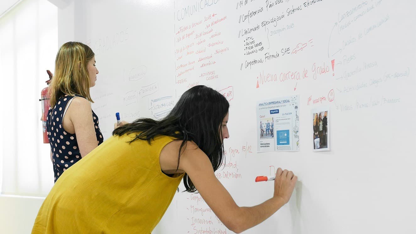 Dos personas escribiendo y planificando sobre una pared Remark Paint cubierta de notas, diagramas y fechas importantes